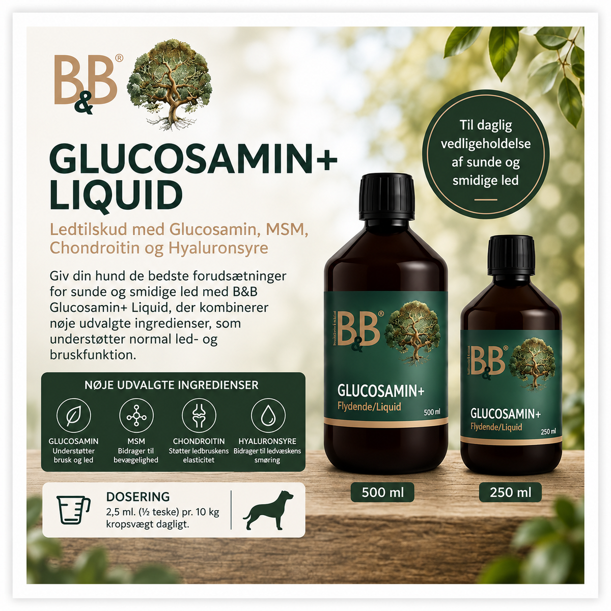 B&B Glucosamin+ Flydende – ledtilskud til hunde | 250 ml og 500 ml