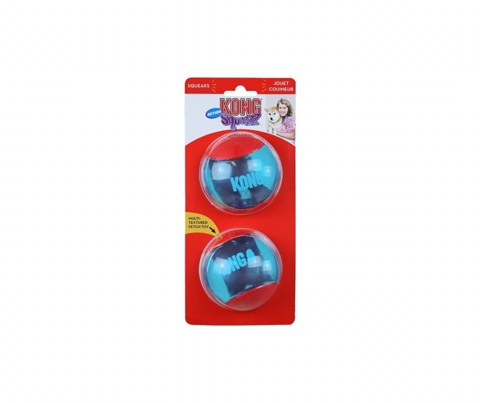 KONG Squeezz Action Ball Large – Sjovt kastelegetøj med spændende hop