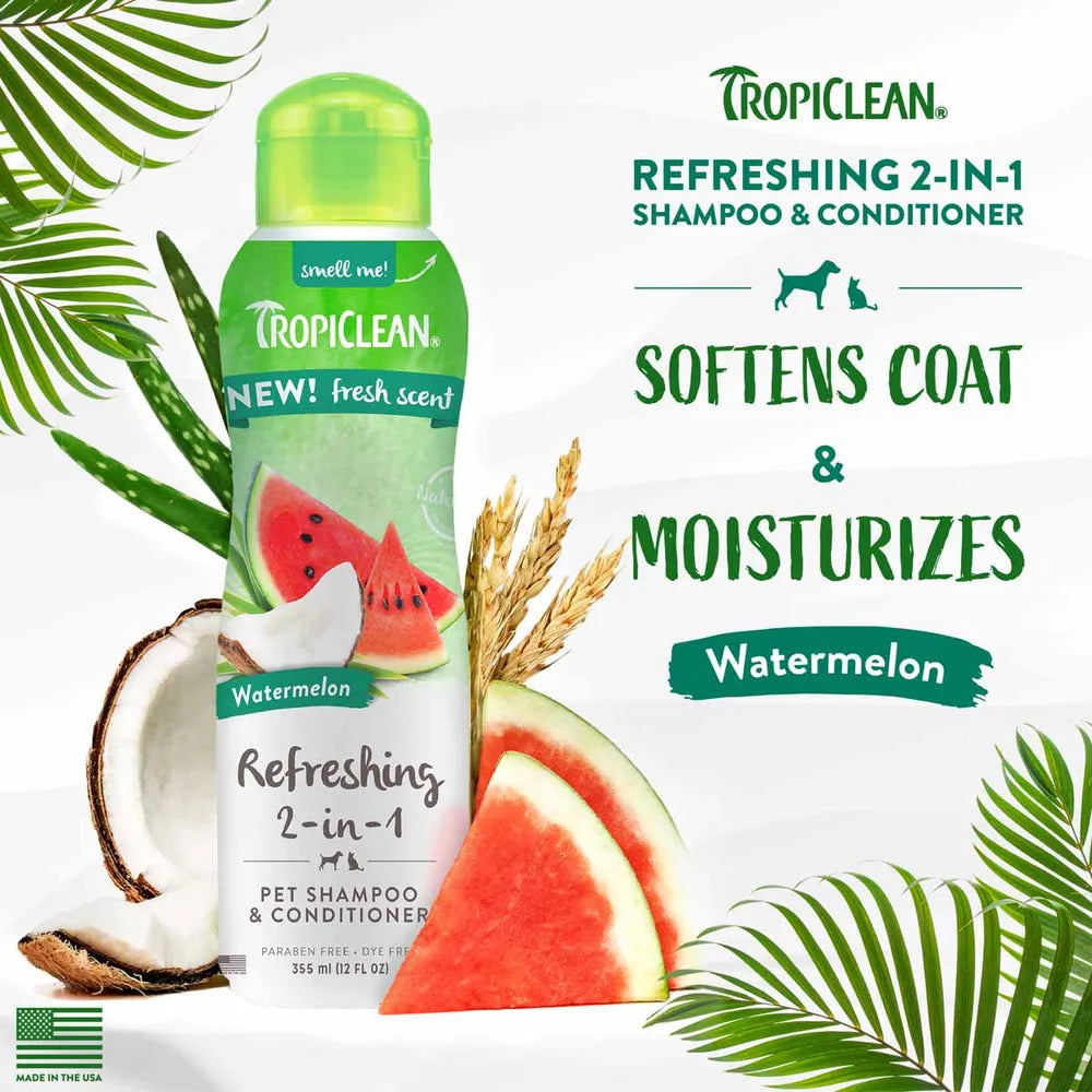 TropiClean Watermelon 2-in-1 Shampoo & Balsam 355 ml – blød pels med frisk vandmelonduft