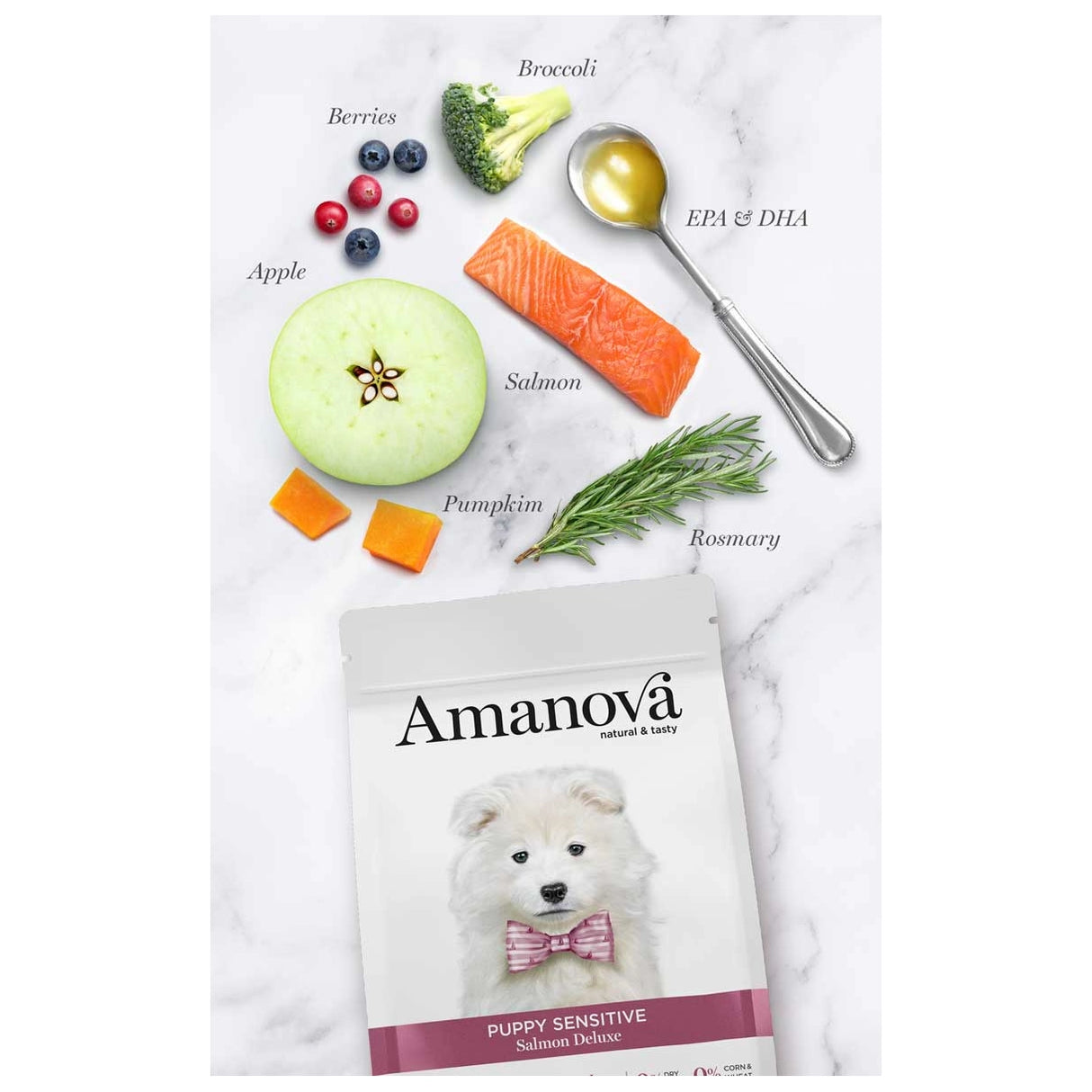 Amanova Luksus Laks Sensitive – kornfrit hvalpefoder med 70 % frisk laks | 2 kg eller 7 kg