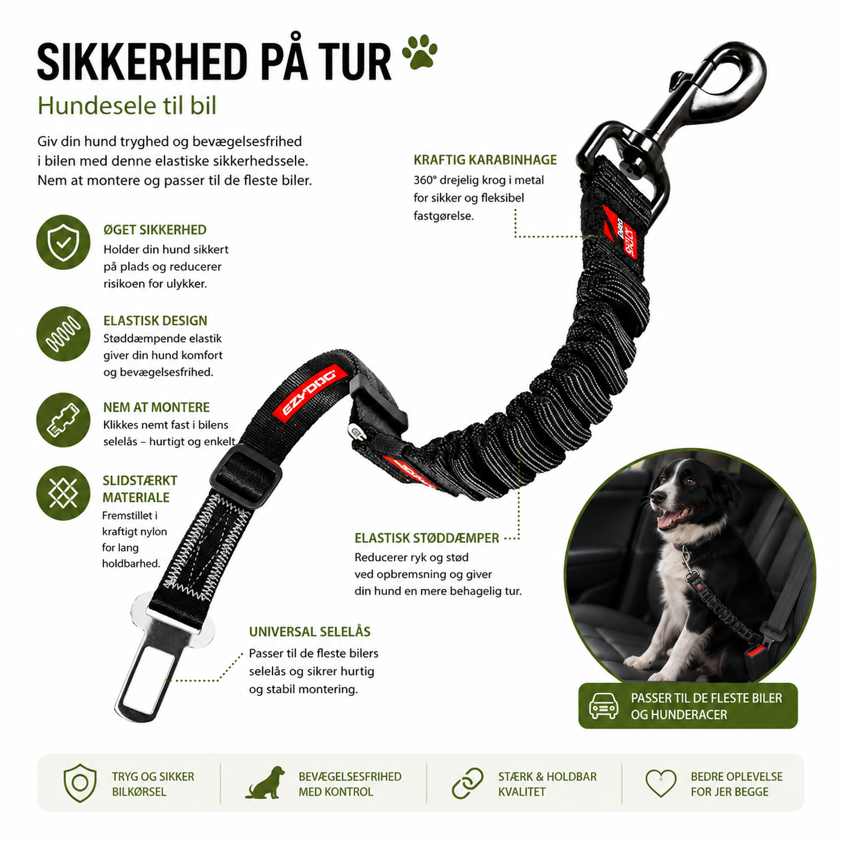 EzyDog Zero Shock Bælteadapter – justerbar hundesele til bilen med støddæmpning