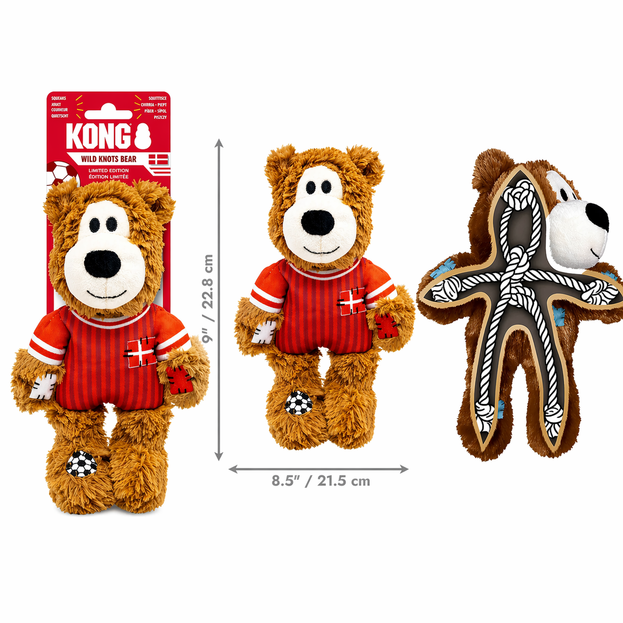 KONG Wild Knots Bear – Landsholds udgave Danmark | Sjov, styrke og tyggeglæde i ét legetøj