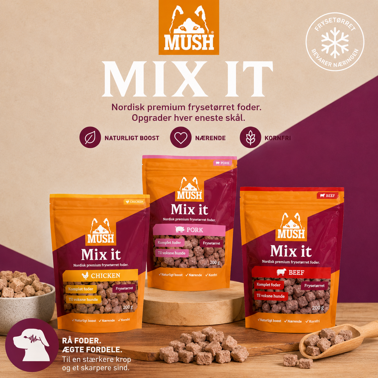 MUSH FD Mix it – frysetørret fuldfoder til hund | Vælg mellem kylling, gris eller okse