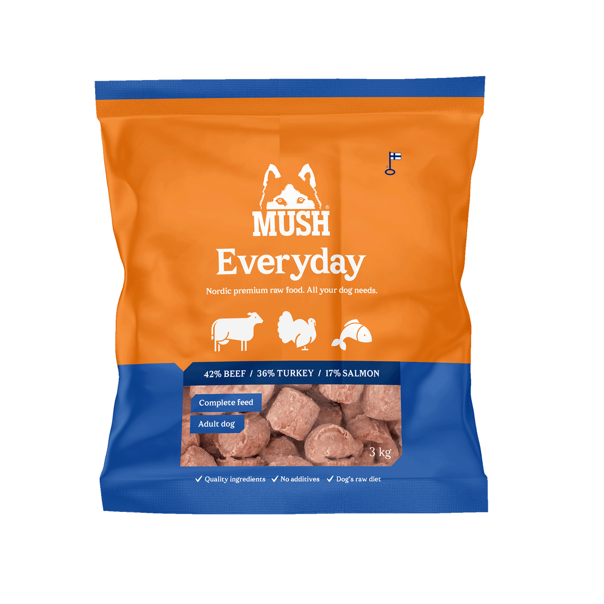 MUSH Everyday Blue – BARF fuldfoder med okse, kalkun og laks | 800 g, 3 kg og 9 kg