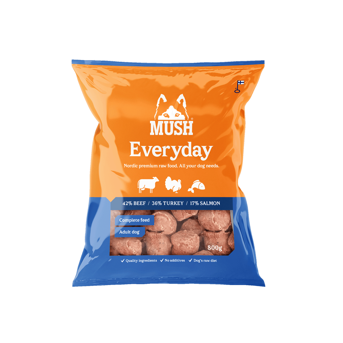 MUSH Everyday Blue – BARF fuldfoder med okse, kalkun og laks | 800 g, 3 kg og 9 kg
