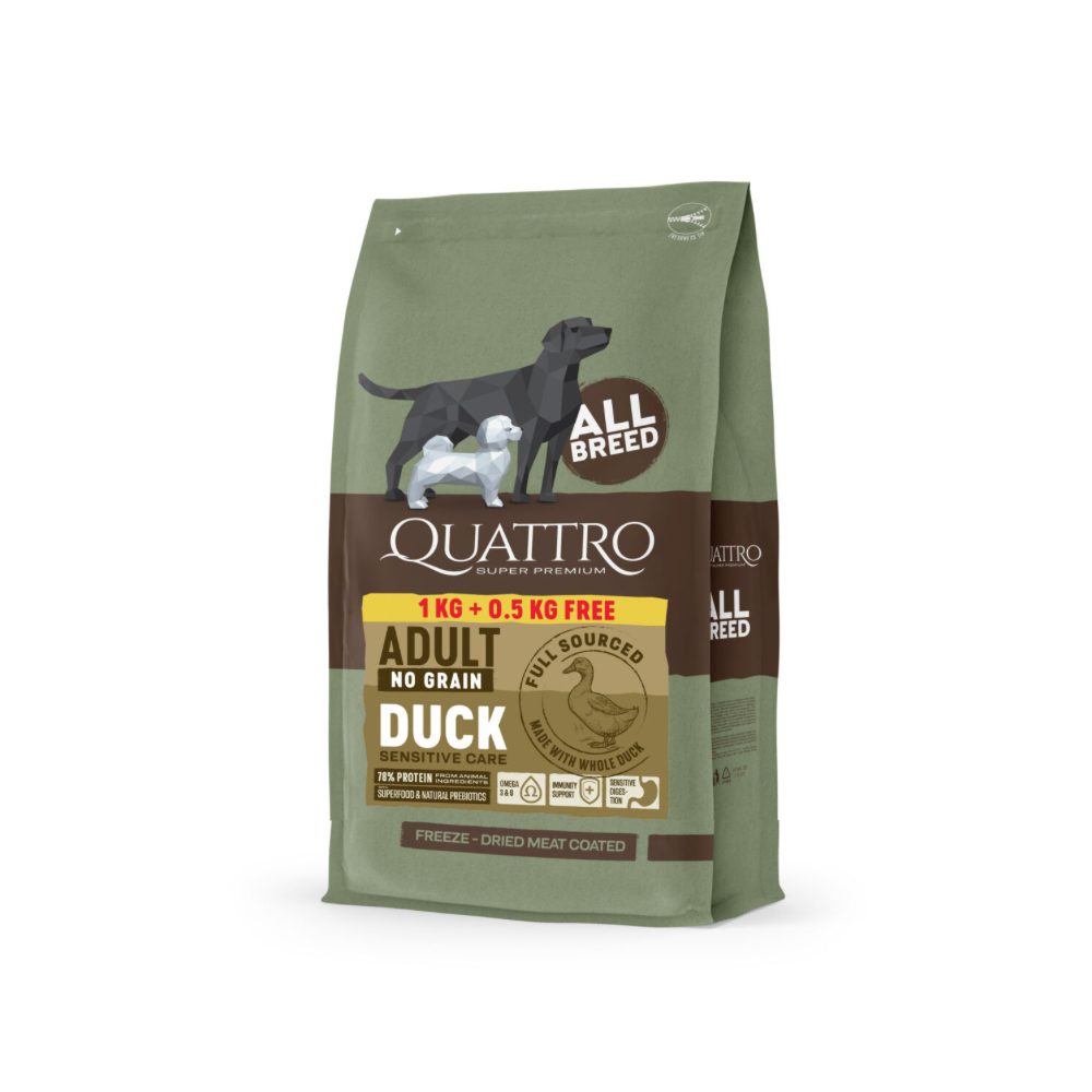 Quattro Grain Free Smagspakker – kornfrit hundefoder, Lam, And eller laks/Krill (vælg variant)