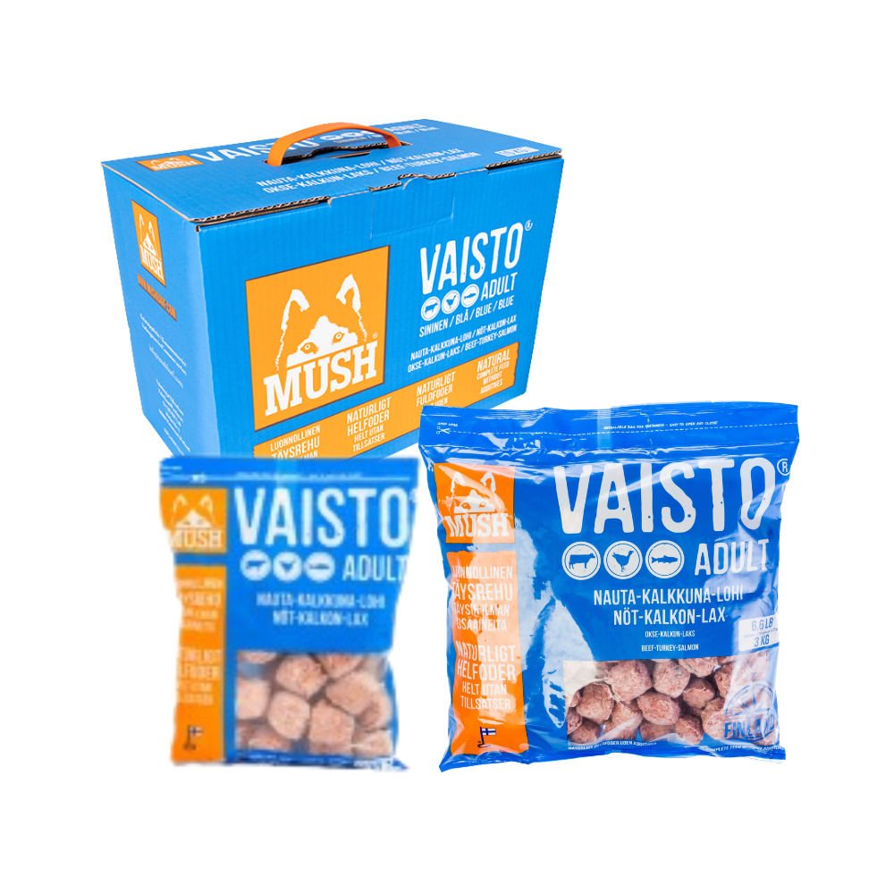 MUSH Vaisto® Blå – (sendes ikke) BARF til hunde med fokus på hud, pels og balance (Okse, Kalkun & Laks)