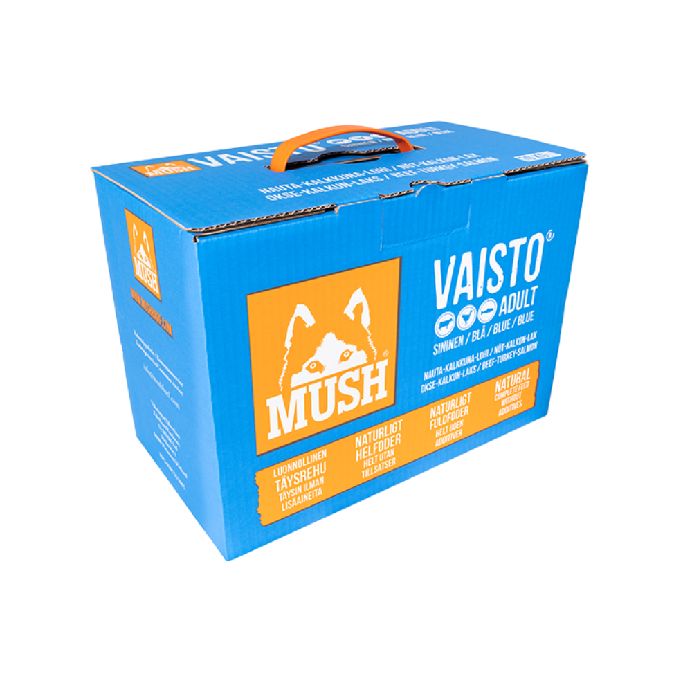 MUSH Vaisto® Blå – (sendes ikke) BARF til hunde med fokus på hud, pels og balance (Okse, Kalkun & Laks)