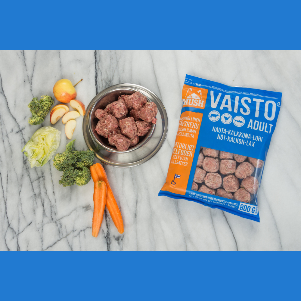 MUSH Vaisto® Blå – (sendes ikke) BARF til hunde med fokus på hud, pels og balance (Okse, Kalkun & Laks)