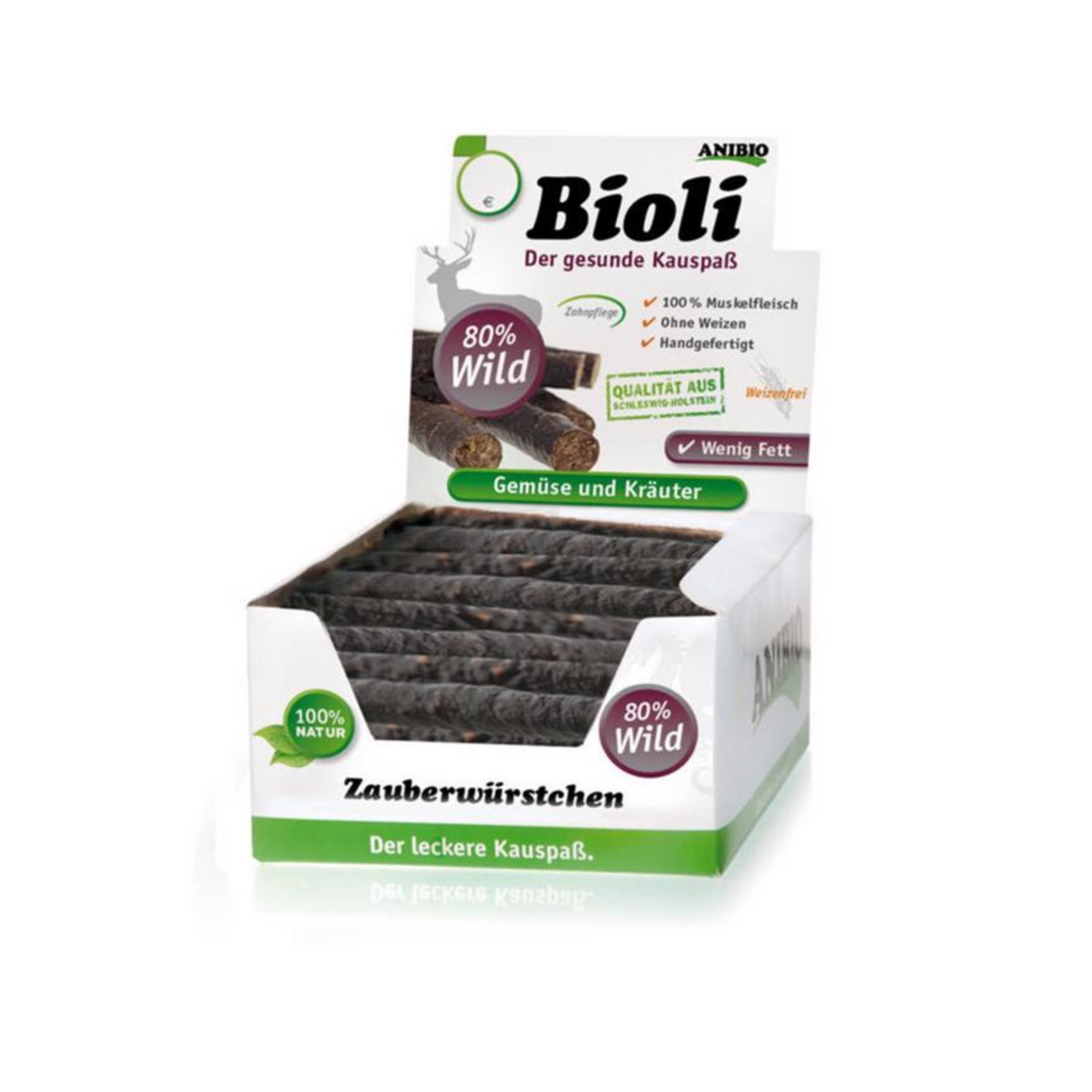 Anibio Bioli – 100 % naturlige tyggegodbidder i 60 stk. kasse (Vildt eller Oksekallun)