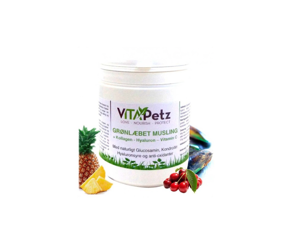 Vitapetz Grønlæbet Musling + Kollagen, Hyaluron & Vitamin C (Hyben) – Naturligt tilskud til hunde
