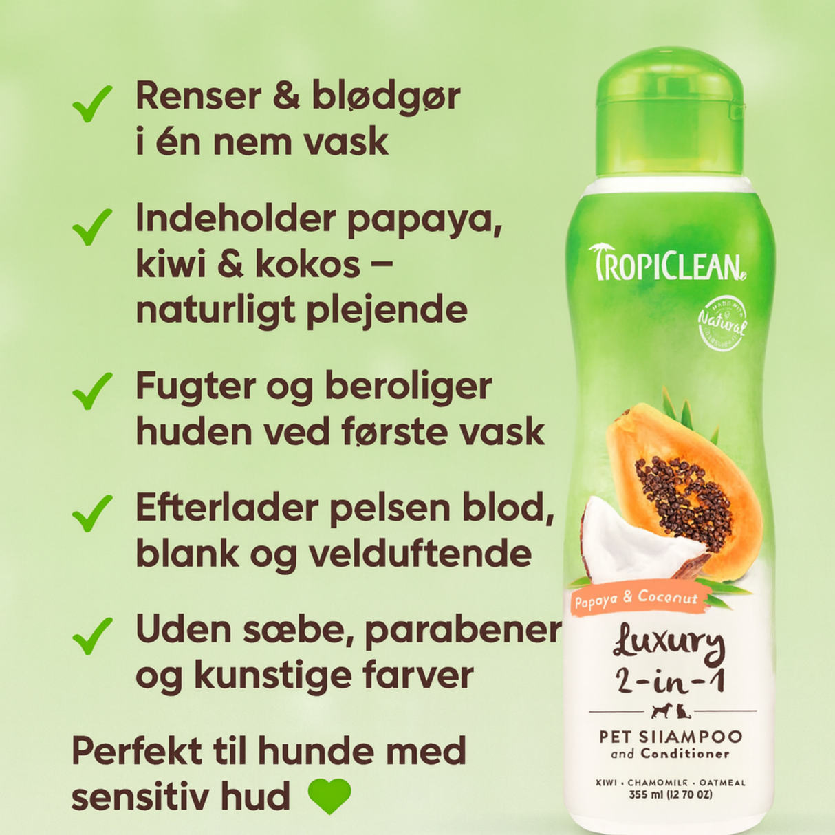 Tropiclean Papaya & Coconut Shampoo – naturlig 2-i-1 pleje med tropisk duft