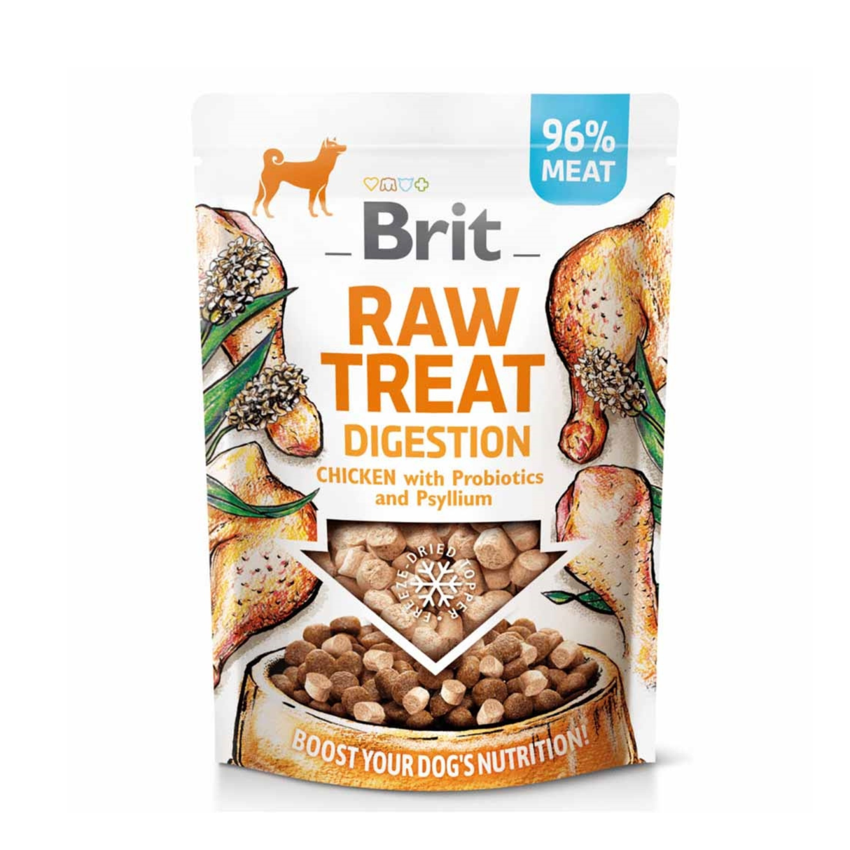 Brit Raw Treat Digestion – kylling (frysetørret godbid og topping med probiotika & loppefrøskaller)