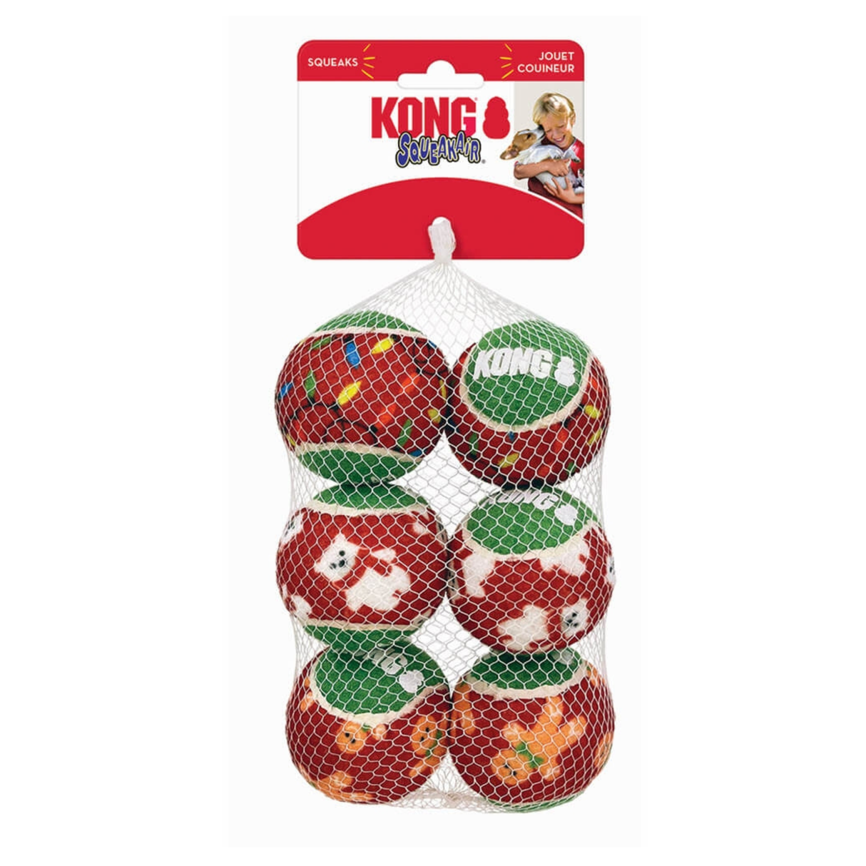 KONG Holiday SqueakAir Ball 6-pack – jule-tennisbolde med pivelyd