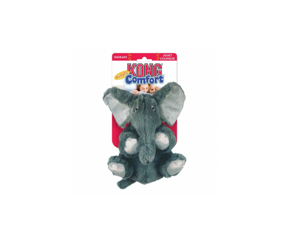 KONG Comfort Kiddos Elephant – Blødt og sjovt legetøj med aftagelig squeaker (XS og S)