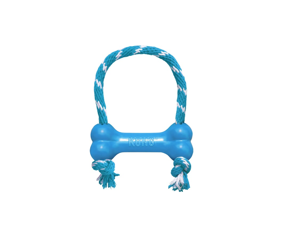 KONG Puppy Goodie Bone med reb XS – Sjov tyggelegetøj til hvalpe i lyserød eller lyseblå