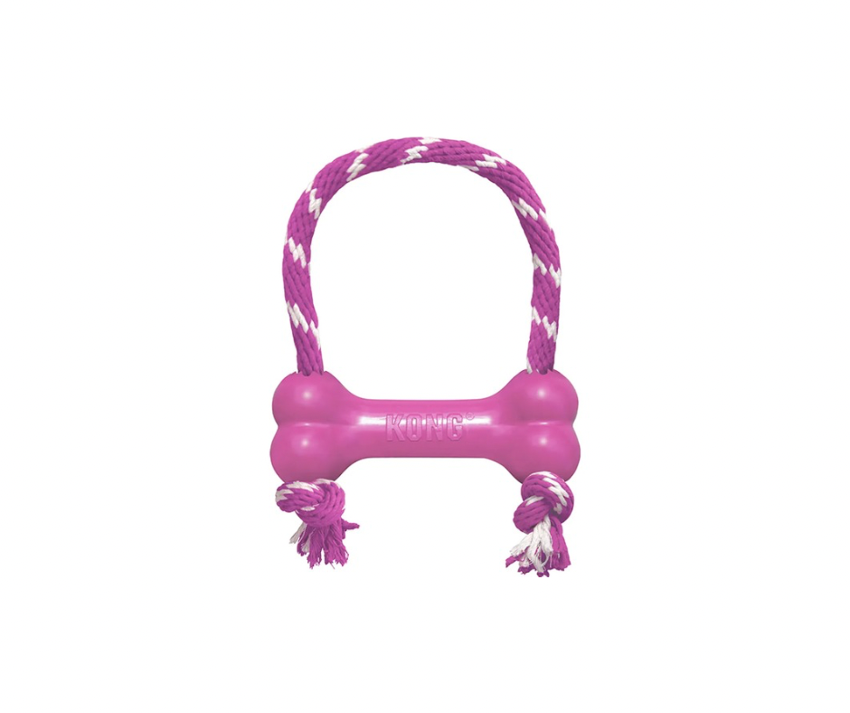 KONG Puppy Goodie Bone med reb XS – Sjov tyggelegetøj til hvalpe i lyserød eller lyseblå