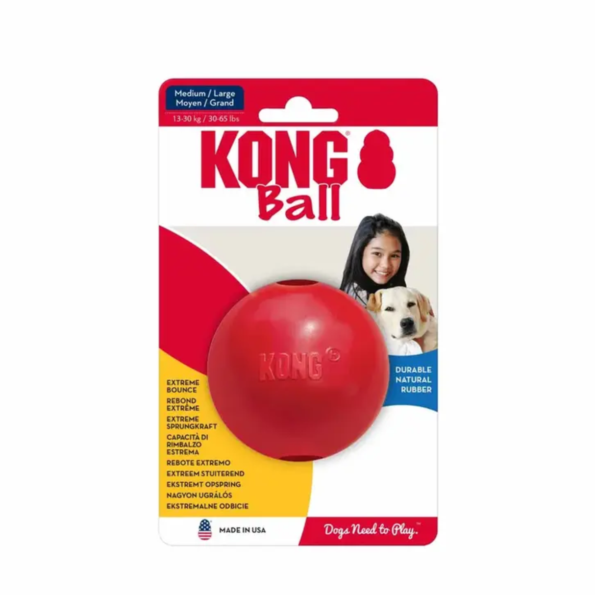 KONG Ball W/hole – Rød Gummibold til hund (S, M/L eller L)