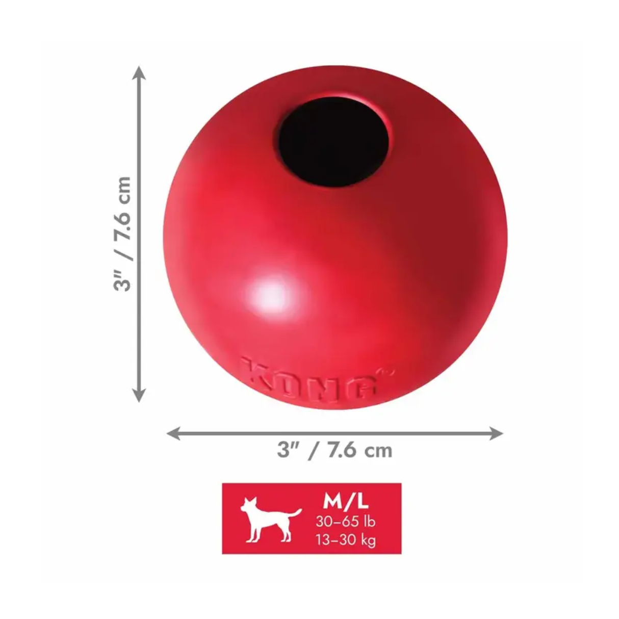 KONG Ball W/hole – Rød Gummibold til hund (S, M/L eller L)