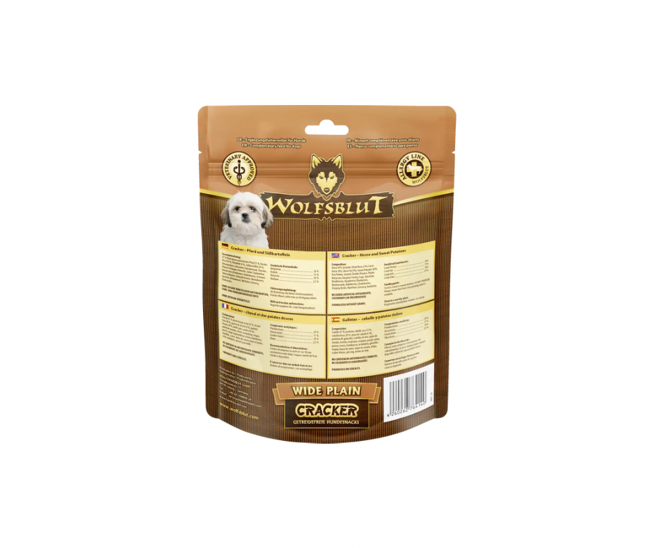 Wolfsblut Cracker – kornfri hundegodbidder med højt kødindhold i fire smagsvarianter (225 g)
