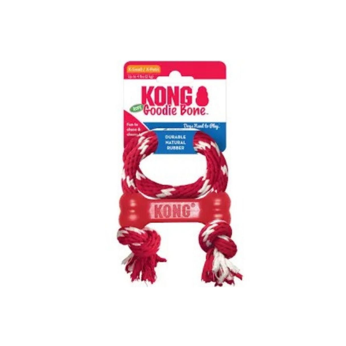 KONG Goodie Bone med reb XS – Sjov tyggeben i naturgummi med tandrensende reb