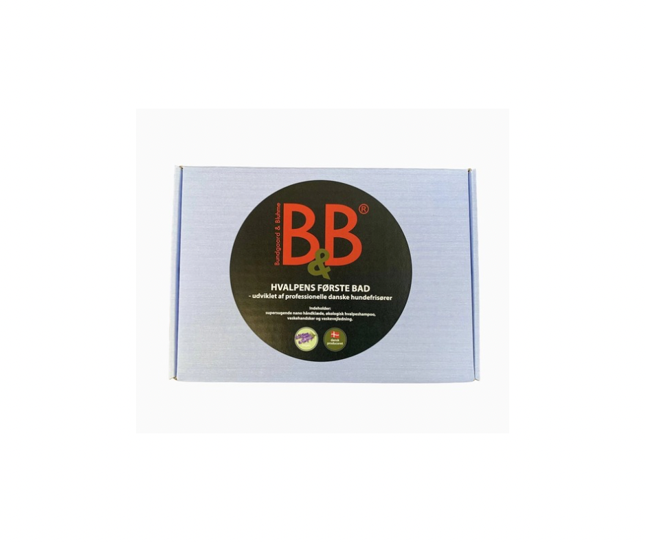 Hvalpens første bad – Lyseblå eller Rosa æske fra B&B – Dansk kvalitet til din hvalp