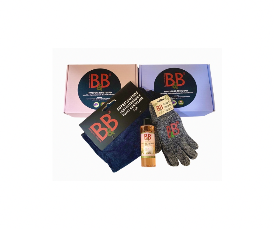 Hvalpens første bad – Lyseblå eller Rosa æske fra B&B – Dansk kvalitet til din hvalp