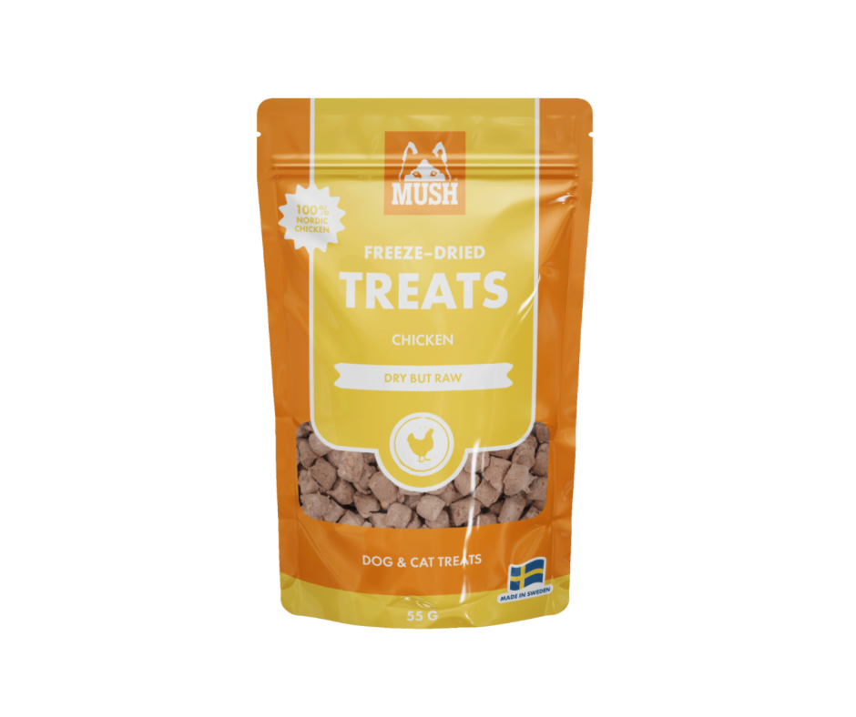 MUSH Treat Kylling 55 g – Frysetørret godbid med 100 % kyllingekød eller kyllingehjerte