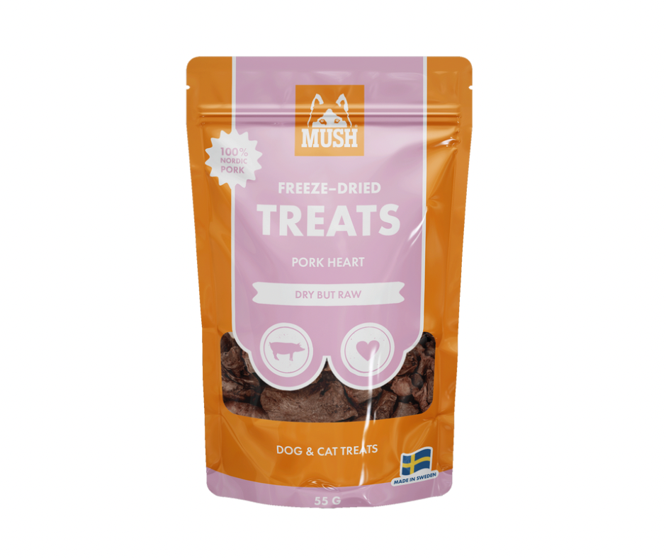 MUSH Treat – Frysetørret Gris, Grisehjerte eller Griselunge 55g (100% gris)