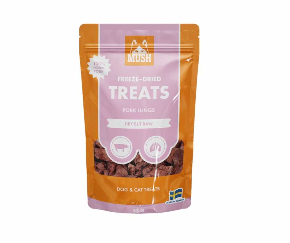 MUSH Treat – Frysetørret Gris, Grisehjerte eller Griselunge 55g (100% gris)