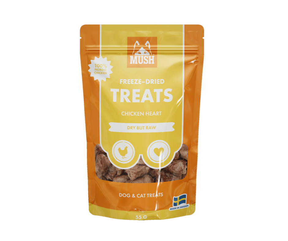 MUSH Treat Kylling 55 g – Frysetørret godbid med 100 % kyllingekød eller kyllingehjerte