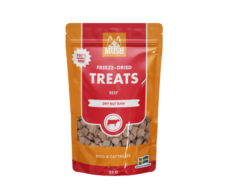 MUSH Treat – Frysetørret oksekød eller oksehjerte (55/50 g)