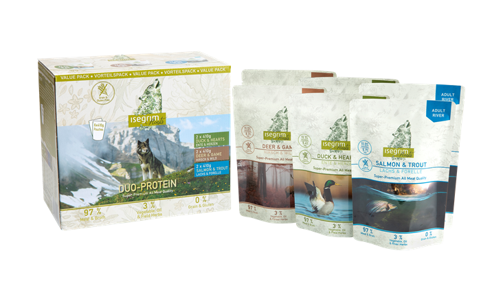 ISEGRIM Multipack Duo Protein 6 x 410 g – naturligt vådfoder med smag og styrke