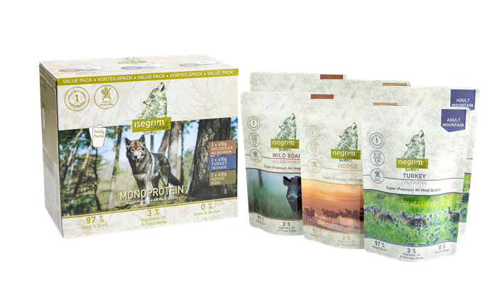 ISEGRIM Multipack Mono Protein 6 x 410 g – naturligt vådfoder med én proteinkilde i hver variant