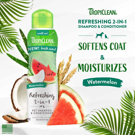 TropiClean Watermelon 2-in-1 Shampoo & Balsam 355 ml – blød pels med frisk vandmelonduft