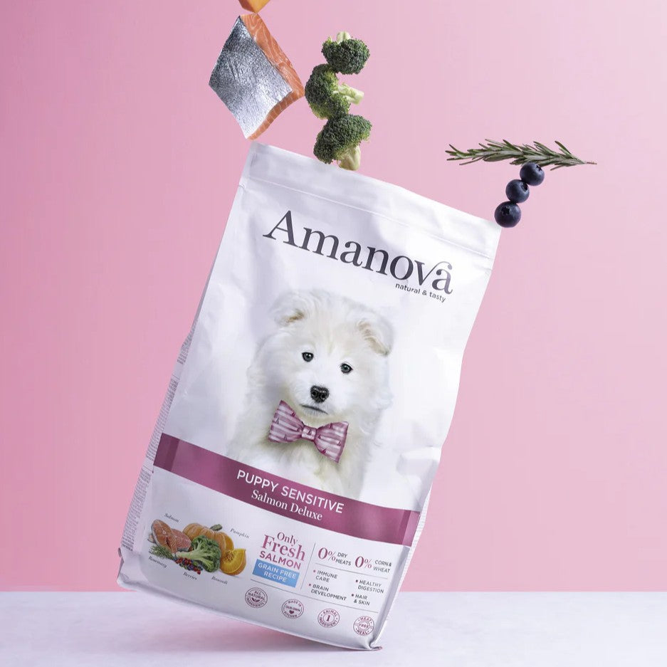 Amanova Luksus Laks Sensitive – kornfrit hvalpefoder med 70 % frisk laks | 2 kg eller 7 kg