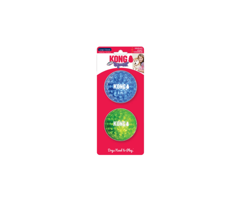 KONG Squeezz® Geodz 2-pak – Holdbare bolde med pibelyd og sjove rasleeffekter