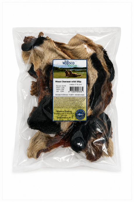 Whesco Oksenæser med hår – 100 % naturlig tyggesnack til hund