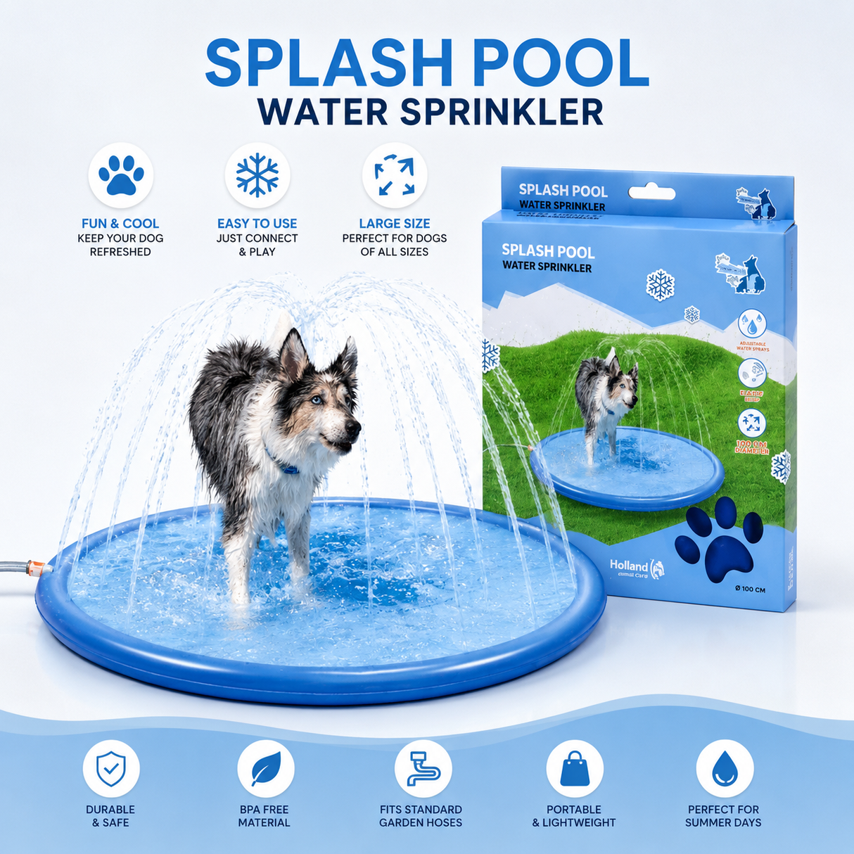 CoolPets Splash Sprinkler Pad 150 cm – kølende vandleg til hunde på varme sommerdage