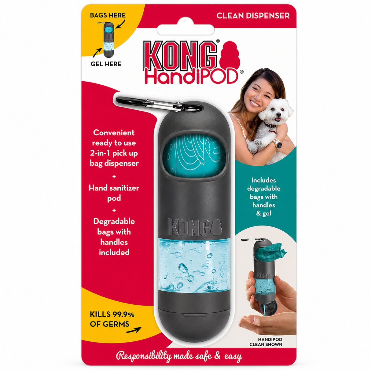 KONG Handipod Regular Clean Dispenser – 2-i-1 poseholder med hånddesinfektion