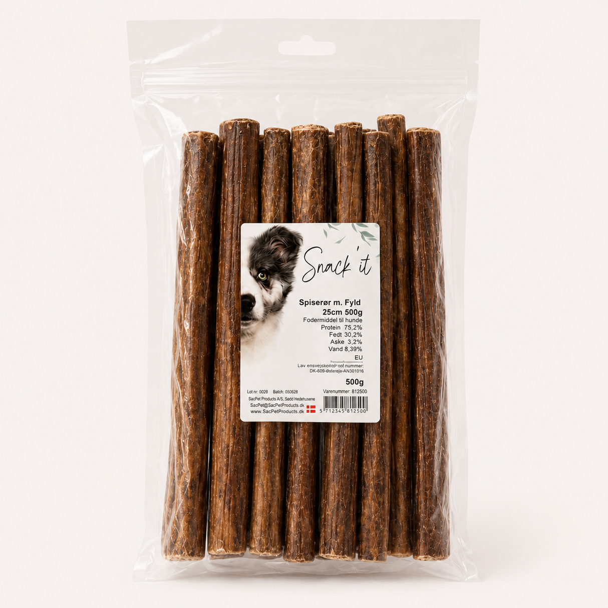 Snack'it fyldte oksespiserør – naturlige tyggesnacks med oksepandebrask og kollagen (500 g)