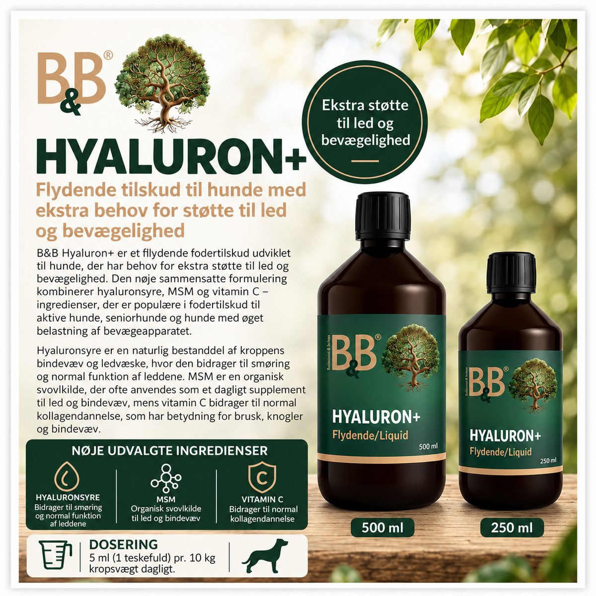 B&B Hyaluron+ Flydende – tilskud til hundens led og bevægelighed | 250 og 500 ml