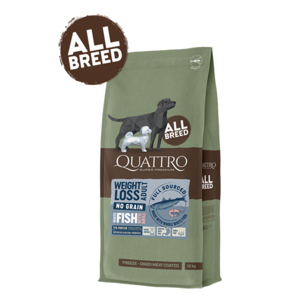 Quattro kornfrit hundefoder til vægtkontrol – hvid fisk & krill