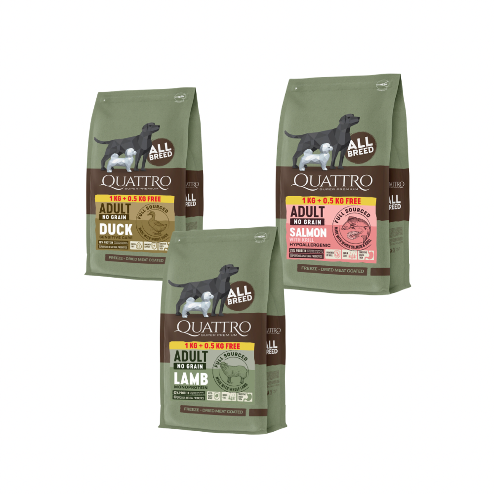 Quattro Grain Free Smagspakker – kornfrit hundefoder, Lam, And eller laks/Krill (vælg variant)