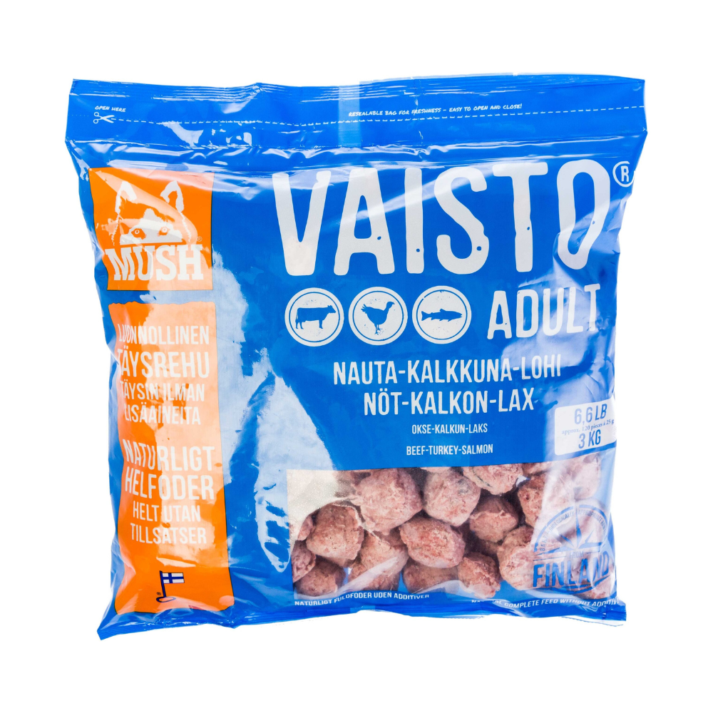 MUSH Vaisto® Blå – BARF til hunde med fokus på hud, pels og balance (Okse, Kalkun & Laks)