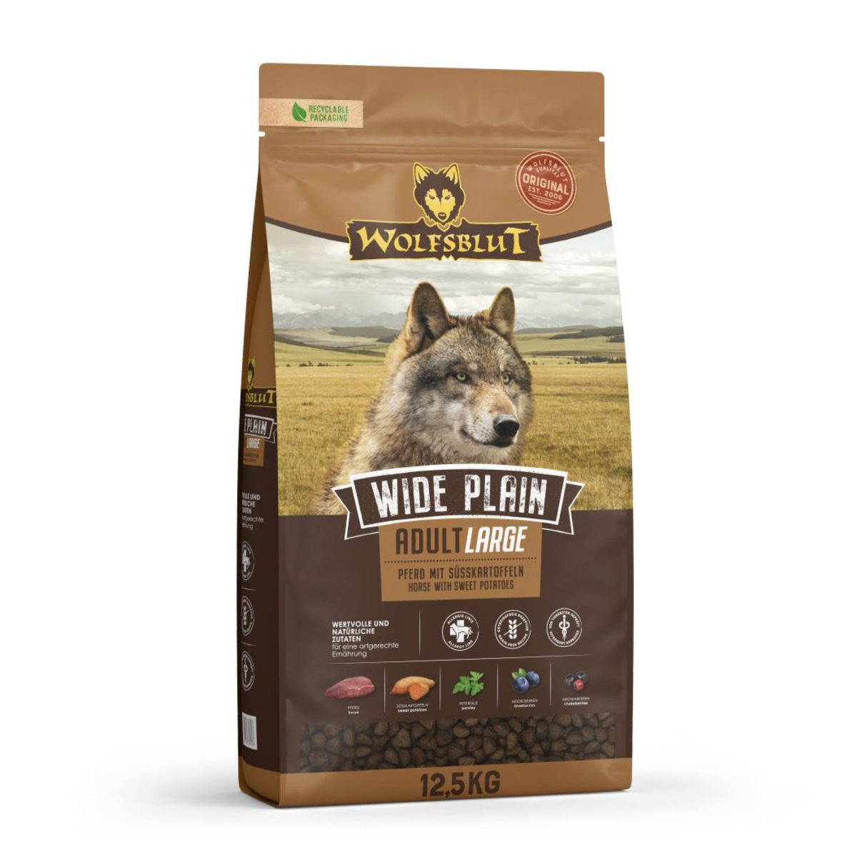 Wolfsblut Wide Plain Horse Large Breed – kornfrit fuldfoder med hest og søde kartofler til store hunde