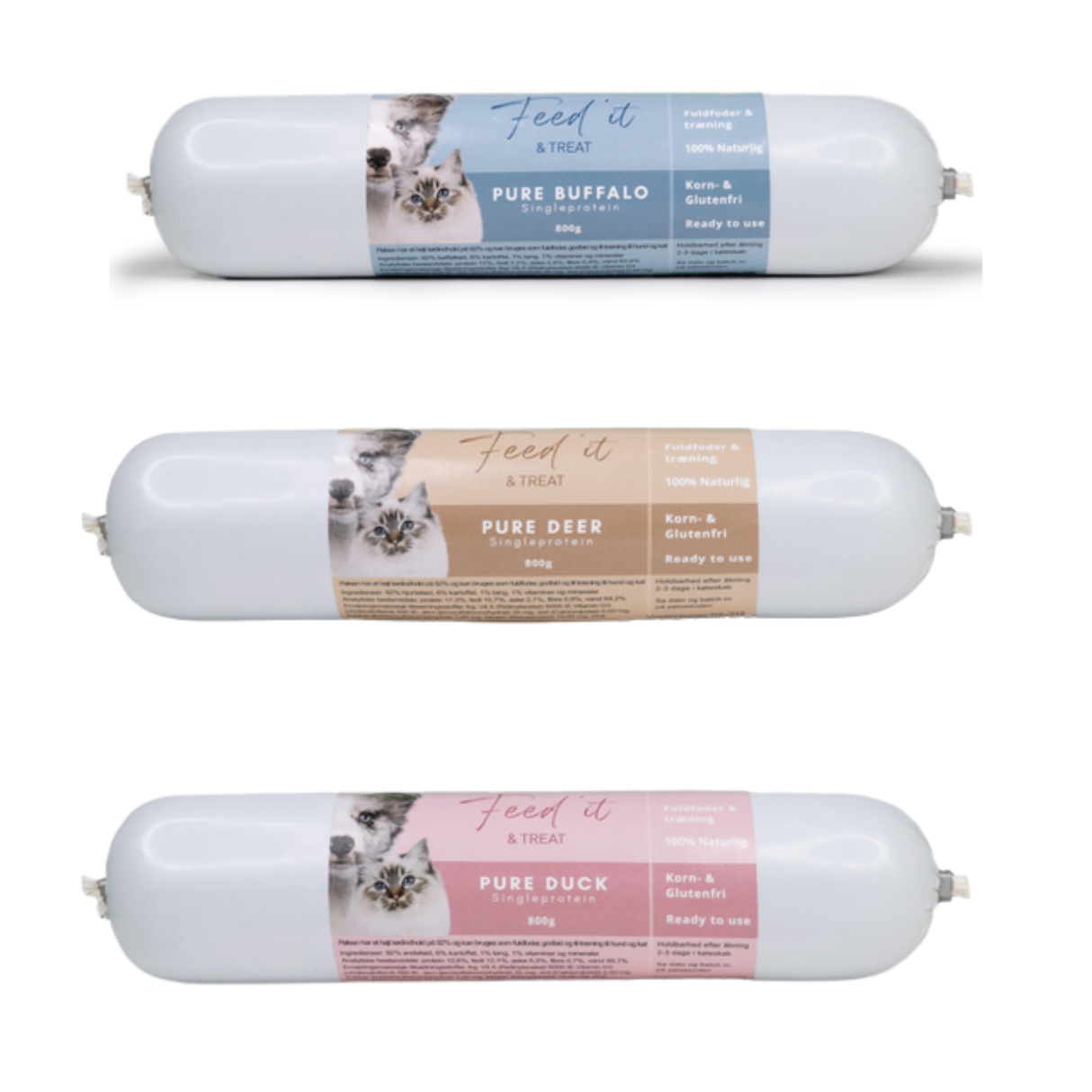 Feed’it & Treat Pure – kornfri kød-pølser i mange smagsvarianter med én proteinkilde 800g