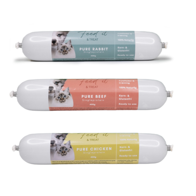 Feed’it & Treat Pure – kornfri kød-pølser i mange smagsvarianter med én proteinkilde 400g