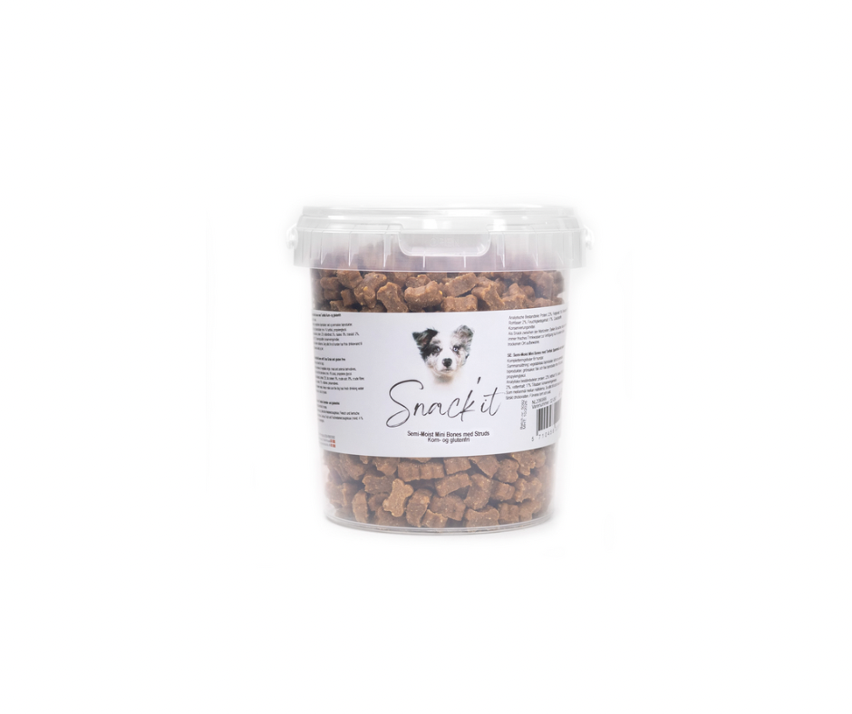 Snack'it Semi-Moist Mini Bones med Struds – Kornfri bløde godbidder 500g
