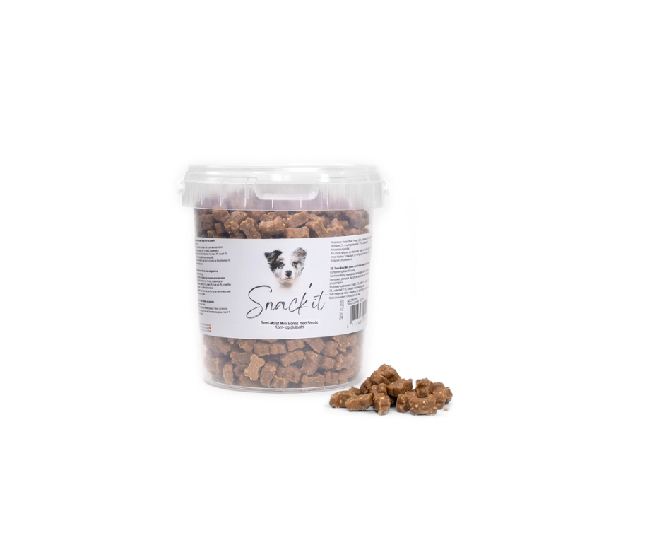 Snack'it Semi-Moist Mini Bones med Struds – Kornfri bløde godbidder 500g